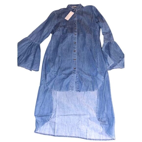 Odette Denim Shirt-Dress Flared Sleeves Eco Blue XS 100% Cotton Button-Up $322 - Picture 1 of 8